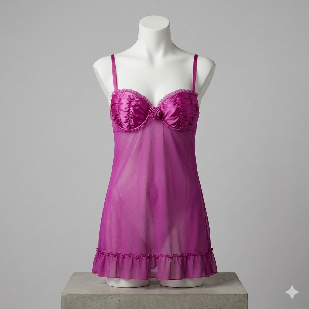 Flora Nikrooz Coquette Babydoll Chemise Womens L Magenta Pink Mesh Satin